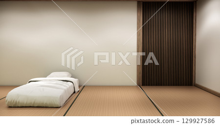 Japanese Minimalist Bedroom Interior with Wooden Wall Panels, Platform Bed, and Zen Lighting Design.3D rendering 129927586