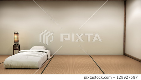 Japanese Minimalist Bedroom Interior with Wooden Wall Panels, Platform Bed, and Zen Lighting Design.3D rendering 129927587