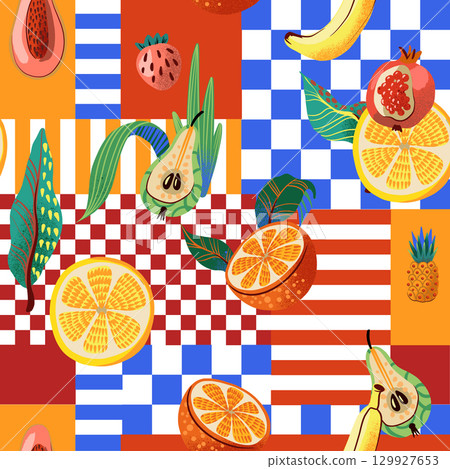 Seamless vector pattern with tropical fruits and colorful square background 129927653