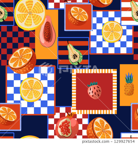 Seamless vector pattern with tropical fruits and colorful square background 129927654