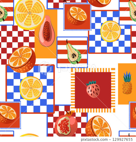 Seamless vector pattern with tropical fruits and colorful square background 129927655