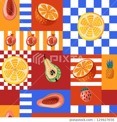 Seamless vector pattern with tropical fruits and colorful square background 129927656