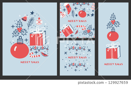 Minimalist Christmas illustration in a red and navy blue palette. 129927659