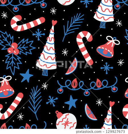 Seamless pattern with Christmas elements in red and blue on a black background, including a gift box, ornaments, snowflakes, and holiday decorations 129927673