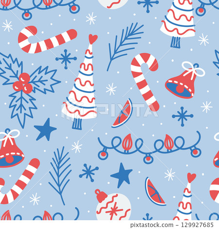 Seamless pattern with Christmas elements in red and blue on a black background, including a gift box, ornaments, snowflakes, and holiday decorations 129927685