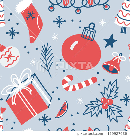 Seamless pattern with Christmas elements in red and blue on a black background, including a gift box, ornaments, snowflakes, and holiday decorations 129927686