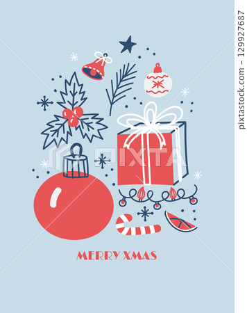 Minimalist Christmas illustration in a red and navy blue palette. 129927687