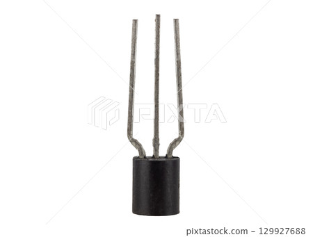 Electronic transistor with three leads isolated on white 129927688