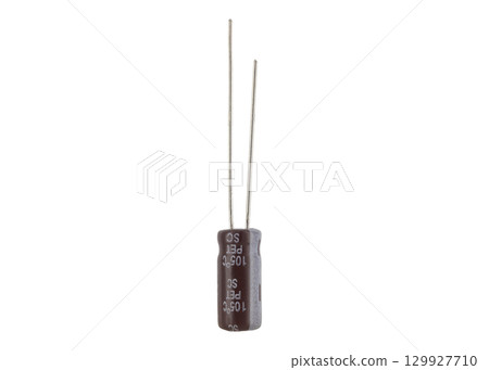 Electrolytic capacitor with two leads isolated on white 129927710