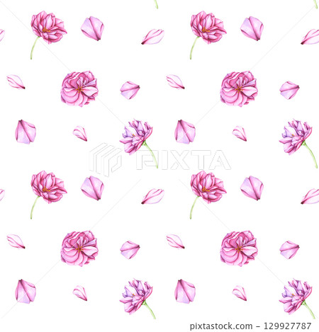 Seamless Pattern with Pink flowers and rose petals on a white background. Watercolor botanical background of flowers and cherry petals. Pattern with flowers for your designs, wallpapers, clothing 129927787