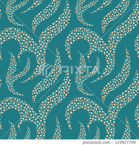 Abstract vector seamless pattern. Simple minimal swirled wavy dotted shapes on blue background. Timeless classic smooth repeat design for wallpaper, interior decor, textile. Luxurious elegant motif Abstract vector seamless pattern. Simple minimal swirled wavy dotted shapes on blue background. Timeless classic smooth repeat design for wallpaper, interior decor, textile. Luxurious elegant motif 129927799