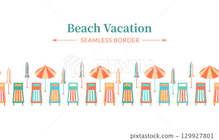 Summer beach vacation vector seamless border. Colorful striped parasols and sun loungers in a row isolated on white background. Fun playful coastal holidays horizontal repeat border frame design 129927801