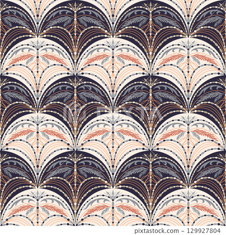 Luxurious vintage vector seamless pattern. Elegant symmetrical damask repeat tile in dark shades. Decorative classic detailed background design with beads and abstract branches for wallpaper, decor 129927804