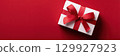 Happy Valentines day template with gift box. Romantic design decorative objects, red heart. Sale long banner, surprise poster, flyer and brochure. Mock up holiday. Front view. 3D. Panoramic 129927923