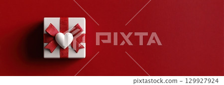 Happy Valentines day template with gift box. Romantic design decorative objects, red heart. Sale long banner, surprise poster, flyer and brochure. Mock up holiday. Front view. 3D. Panoramic Happy Valentines day template with gift box. Romantic design decorative objects, red heart. Sale long banner, surprise poster, flyer and brochure. Mock up holiday. Front view. 3D. Panoramic 129927924