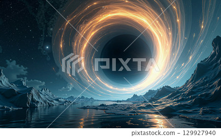 Futuristic landscape with a bright portal. A surreal, futuristic landscape featuring a massive glowing portal floating in the sky, emitting a vibrant, swirling energy. Futuristic landscape with a bright portal. A surreal, futuristic landscape featuring a massive glowing portal floating in the sky, emitting a vibrant, swirling energy. 129927940