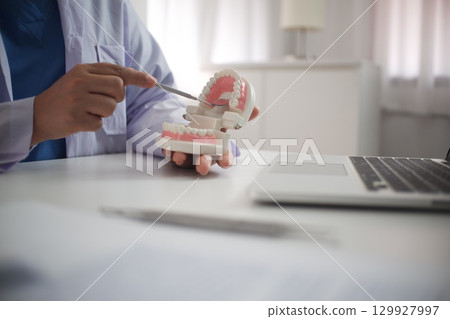 Female Dentist working in office 129927997