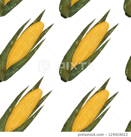 Seamless watercolor pattern of bright yellow corn cobs with green leaves on a white background. Cheerful and rustic, perfect for farm-to-table designs, autumn themes, and food-related projects. Hand 129928022