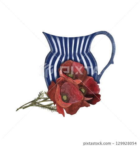 Watercolor illustration of a bouquet of red poppies lying in front of a blue and white ceramic vase on a white background. Rustic and charming, perfect for floral designs, summer themes, and home 129928054