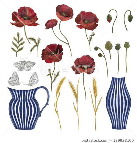 Red poppy floral botanical flower in blue and white ceramic vases with stripes, butterflies and wheat, Isolated poppy illustration element, Red poppy in watercolor technique, sparkling with bright Red poppy floral botanical flower in blue and white ceramic vases with stripes, butterflies and wheat, Isolated poppy illustration element, Red poppy in watercolor technique, sparkling with bright 129928100