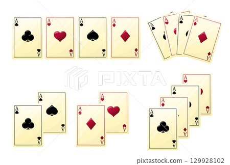 Ace playing cards of different suit. Fortune game deck. Lucky chance isolated fan. Gaming spade front view. Vegas casino gamble. Blackjack win. Vector gambling set on white background 129928102