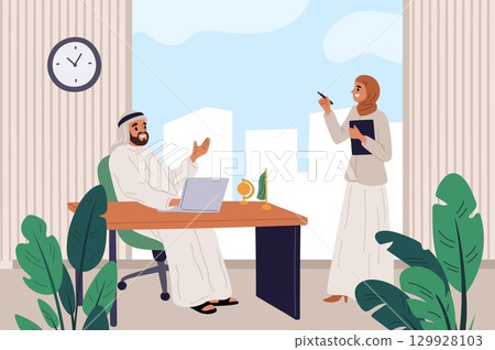 Arab businessman and woman in traditional Islamic dress work in office. Female employee in hijab. Arabian people. Saudi manager at computer desk. Business communication. Vector concept Arab businessman and woman in traditional Islamic dress work in office. Female employee in hijab. Arabian people. Saudi manager at computer desk. Business communication. Vector concept 129928103