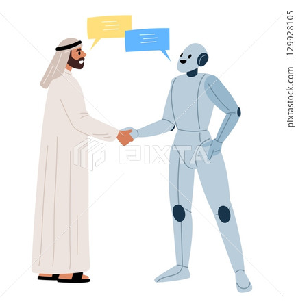 Arab businessman shakes hands with robot. Handshake gesture. Partners communication. Innovation technology. Interaction with artificial intelligence. Arabian talking with AI. Vector concept Arab businessman shakes hands with robot. Handshake gesture. Partners communication. Innovation technology. Interaction with artificial intelligence. Arabian talking with AI. Vector concept 129928105