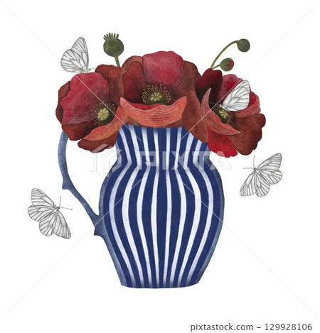 Red poppy floral botanical flower in blue and white ceramic vase with stripes, surrounded by butterflies, isolated poppy illustration element, Red poppy in watercolor technique, sparkling with bright 129928106