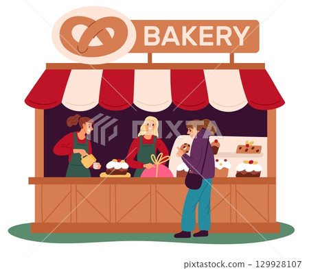 Girl buys coffee and pastry at bakery and cake shop. Donuts selling. Cookies or desserts at showcase. Seller at counter. Retail kiosk with awning. Buyer paying for meal. Vector concept 129928107