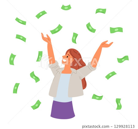 Joyful girl catching green paper bills falling from top. Woman rejoicing over money. Financial success. Investment profit. Dollar banknotes rain. Millionaire earnings. Vector concept Joyful girl catching green paper bills falling from top. Woman rejoicing over money. Financial success. Investment profit. Dollar banknotes rain. Millionaire earnings. Vector concept 129928113