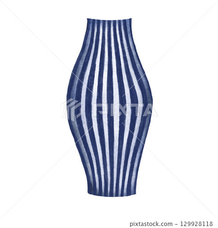 Blue and white ceramic vase with stripes watercolor illustration, elegant vase with stripes isolated on a white background, A beautiful illustration perfect for home decor, interior design, and 129928118