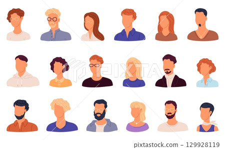 Male and female faces. People attractive portraits. Caucasian heads. Blonde and brunette. Man hairstyle with beard and mustache. Woman hairdo. User profile. Vector anonymous avatars set 129928119