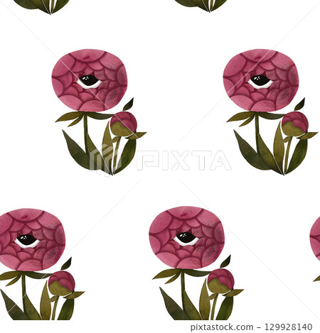 Seamless watercolor pattern of vibrant pink, stylized peony flowers with eyes and green leaves on a white background. Whimsical and bold, perfect for unique textiles, children's designs, or creative Seamless watercolor pattern of vibrant pink, stylized peony flowers with eyes and green leaves on a white background. Whimsical and bold, perfect for unique textiles, children's designs, or creative 129928140