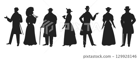 Men and women in retro clothes. Victorian people black silhouettes. Classic clothing. Dandy tuxedo. Vintage dress. European aristocrats. Nobleman apparel. 19th century outfits vector set 129928146
