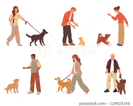 Men and women walk and play with their pets. People take care of dogs. Domestics animal at leash. Obedience training. Stroll with canine mammal companion. Vector happy puppy owners set 129928148