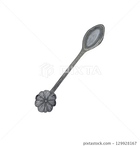 A watercolor illustration of a silver tea spoon with a charming flower-shaped handle. Elegant and delicate, this design combines functionality with floral beauty, making it ideal for tea, elegance, or A watercolor illustration of a silver tea spoon with a charming flower-shaped handle. Elegant and delicate, this design combines functionality with floral beauty, making it ideal for tea, elegance, or 129928167