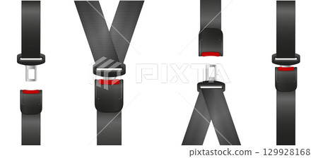 Safety seat belt, open and closed seatbelt. Art design road strap. Abstract concept car, airplane driver protection graphic element. Vector 129928168