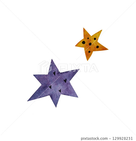 Watercolor illustration of a purple and orange asymmetrical star with a heart pattern on a white background. Whimsical and unique, perfect for children's designs, fantasy themes, and creative projects 129928231