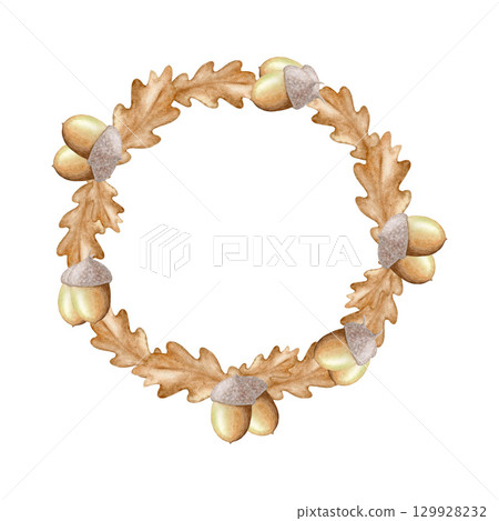 Watercolor wreath of acorns and oak leaves,autumn illustration hand drawn isolated on white background.Suitable for design of cards,Thanksgiving invitations,harvest, etc. Watercolor wreath of acorns and oak leaves,autumn illustration hand drawn isolated on white background.Suitable for design of cards,Thanksgiving invitations,harvest, etc. 129928232