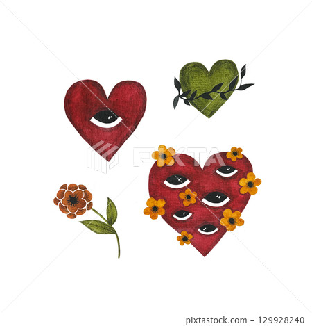 Watercolor set of magical illustration with all seeing human eye, mystical hearts, red and orange flowers, red hearts, Botaanical theme illistration, Hand-drawn esoteric symbols isolated on white 129928240