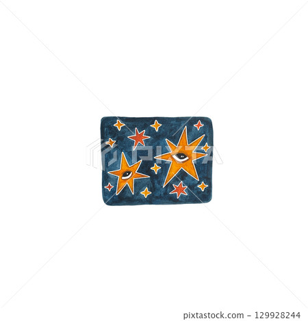 Watercolor yellow and orange stars illustration on blue background, starry sky drawing, night sky hand drawn, stars with human black eye, star design element isolated on white background 129928244