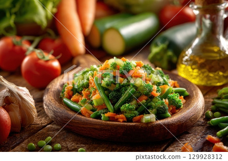 Large bowl of freshly steamed mixed fresh vegetables. Vibrant dish of Steaming Vegetables on old wooden table. Broccoli, carrots, green beans, and snow peas. Healthy cooking. Vegetable garden produce Large bowl of freshly steamed mixed fresh vegetables. Vibrant dish of Steaming Vegetables on old wooden table. Broccoli, carrots, green beans, and snow peas. Healthy cooking. Vegetable garden produce 129928312
