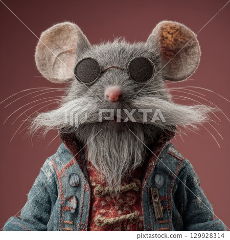 Little mouse with beard. Cute knitted woolen toys. Playful, vibrant character. Joyful, curious creature shows emotion, engaging dynamic pose. 129928314