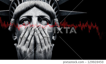 Statue of Liberty with Financial Crisis Background 129928450
