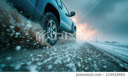 SUV driving on snowy road at sunset SUV driving on snowy road at sunset 129928460