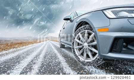 Car driving in snowfall on winter road Car driving in snowfall on winter road 129928461