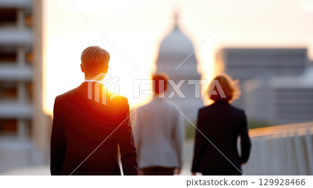 Business people walking towards city at sunrise Business people walking towards city at sunrise 129928466