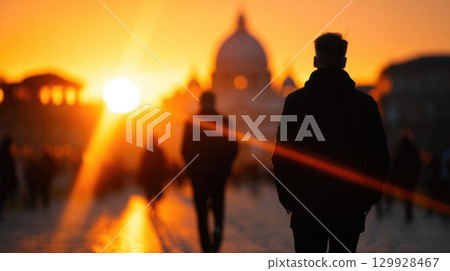 Man Walking Toward Sunset in City Man Walking Toward Sunset in City 129928467