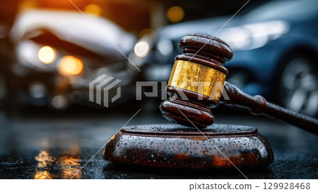 Judge Gavel with Car Accident in Background Judge Gavel with Car Accident in Background 129928468