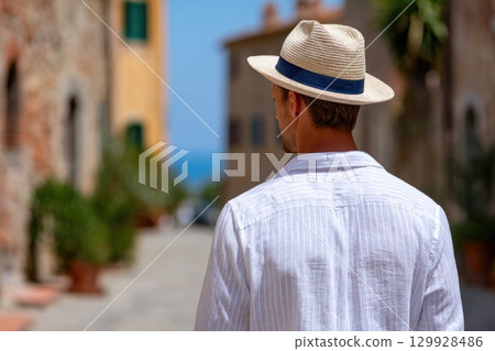 Man in straw hat walking in charming old European street 129928486